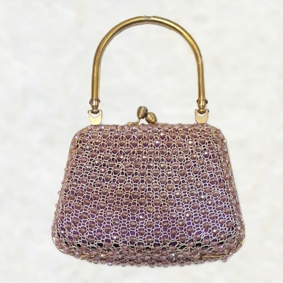 Bead Crochet Top Handle Kiss Lock Frame Bag Pink Purple Gold - Picture 1 of 11